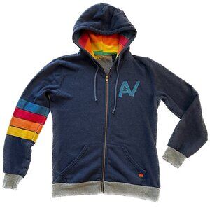 Rare Aviator Nation Rainbow Stripes Logo Zip Front Hoodie Sweatshirt Navy Medium